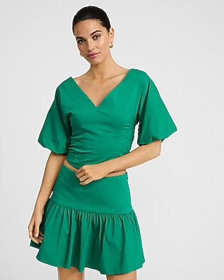 Express Women's Stretch Cotton V-Neck Dolman Puff Sleeve Top in Green Small
