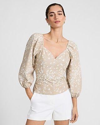 Express Women's Printed V-Neck Long Puff Sleeve Top Small
