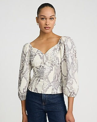 Express Women's Printed V-Neck Long Puff Sleeve Top in Neutral Print