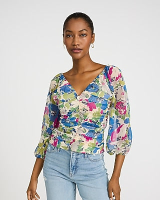 Express Women's Floral V-Neck Ruched Puff Sleeve Smocked Back Top in Multi
