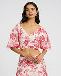 Express Women's Textured Floral Puff Sleeve Twist Front Crop Top in Red Print