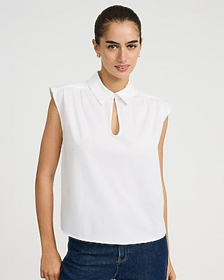 Express Women's Collared Short Sleeve Keyhole Top in White Small