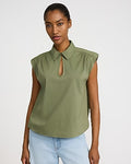 Express Women's Collared Short Sleeve Keyhole Top in Green