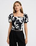 Express Women's Cotton Poplin Printed Square Neck Puff Sleeve Smocked Back Top in B&w Print
