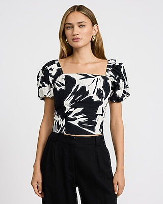 Express Women's Cotton Poplin Printed Square Neck Puff Sleeve Smocked Back Top Small