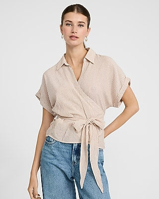 Express Women's Striped Short Sleeve Tie Waist Wrap Top in Tan