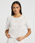 Express Women's Cotton Eyelet Crew Neck Short Sleeve Top in White