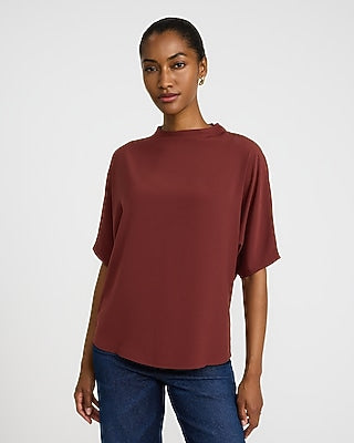 Express Women's Relaxed Short Sleeve Mock Neck Top in Brown Small