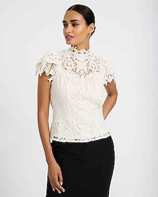 Express Women's Lace Mock Neck Short Sleeve Top in White Small