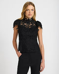 Express Women's Lace Mock Neck Short Sleeve Top in Pitch Black