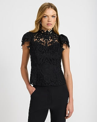 Express Women's Lace Mock Neck Short Sleeve Top in Pitch Black