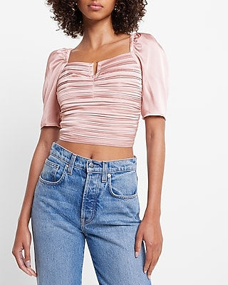 Express Women's Satin Ruched V-Bar Crop Top in Dusty Mauve
