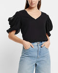 Express Women's V-Neck Puff Draped Short Sleeve Top in Pitch Black