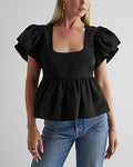 Express Women's Square Neck Flutter Sleeve Peplum Babydoll Top in Pitch Black