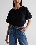 Express Women's Gathered Neck Puff Sleeve Banded Bottom Top in Pitch Black