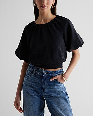 Express Women's Gathered Neck Puff Sleeve Banded Bottom Top in Pitch Black