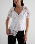 Express Women's Lace Puff Sleeve Asymmetrical Peplum Top in White