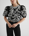 Express Women's Eyelet Crew Neck Puff Sleeve Top in Pitch Black