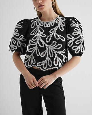 Express Women's Eyelet Crew Neck Puff Sleeve Top in Pitch Black