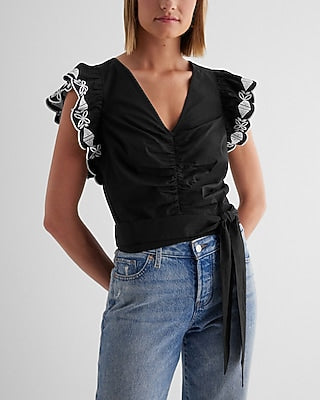 Express Women's Eyelet V-Neck Flutter Sleeve Ruched Tie Waist Top in Pitch Black