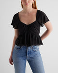 Express Women's Sweetheart Neckline Peplum Flutter Sleeve Crop Top in Pitch Black