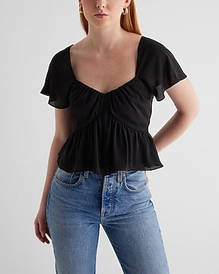 Express Women's Sweetheart Neckline Peplum Flutter Sleeve Crop Top in Pitch Black