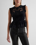 Express Women's Velvet Crew Neck Lace Embroidered Peplum Top in Pitch Black