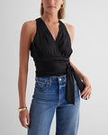 Express Women's V-Neck Pleated Tie Waist Tank Top in Pitch Black