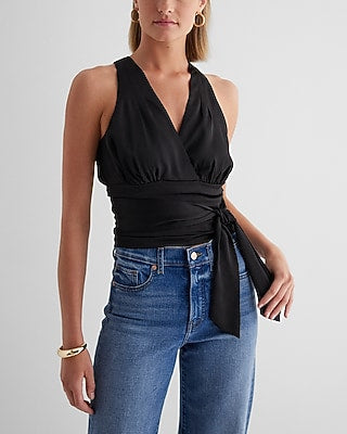 Express Women's V-Neck Pleated Tie Waist Tank Top in Pitch Black