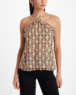 Express Women's Printed Ruffle Halter Neck Tank Top in Neutral Print