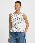 Express Women's Printed Boat Neck Tie Shoulder Smocked Peplum Tank Top in B&w Print