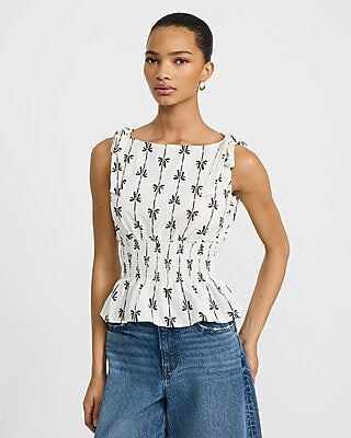 Express Women's Printed Boat Neck Tie Shoulder Smocked Peplum Tank Top in B&w Print