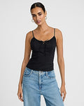 Express Women's Fitted Ruched Tie Neck Smocked Back Cami in Pitch Black
