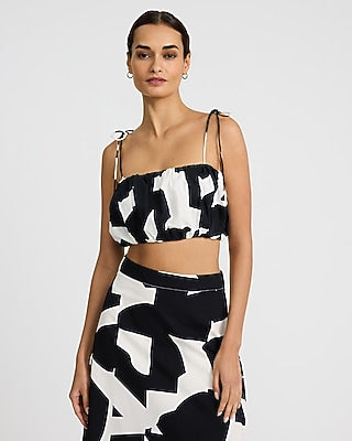 Express Women's Printed Tie Strap Crop Bubble Top in B&w Print
