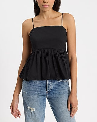 Express Women's Poplin Square Neck Peplum Babydoll Cami in Black Small