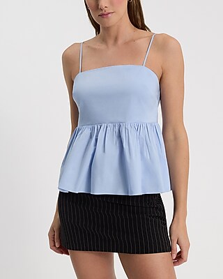 Express Women's Poplin Square Neck Peplum Babydoll Cami in Blue Small