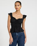 Express Women's Tie Front Flutter Sleeve Ruffle Smocked Top in Black