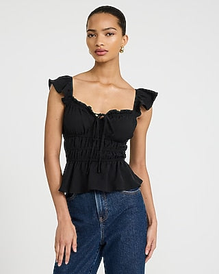 Express Women's Tie Front Flutter Sleeve Ruffle Smocked Top in Black