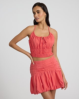 Express Women's Scoop Neck Smocked Tie Front Cami in Hot Coral