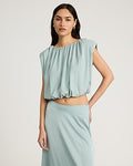 Express Women's Crew Neck Cap Sleeve Pleated Top in New Sea Foam