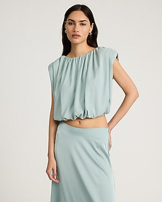 Express Women's Crew Neck Cap Sleeve Pleated Top in New Sea Foam