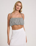 Express Women's Gingham Tie Strap Crop Bubble Top in Black Print