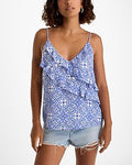 Express Women's Printed V-Neck Ruffle Front Downtown Cami in Yellow Small