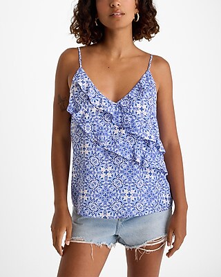 Express Women's Printed V-Neck Ruffle Front Downtown Cami in Yellow Print