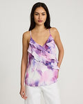 Express Women's Printed Satin Ruffle Cami in Purple Small