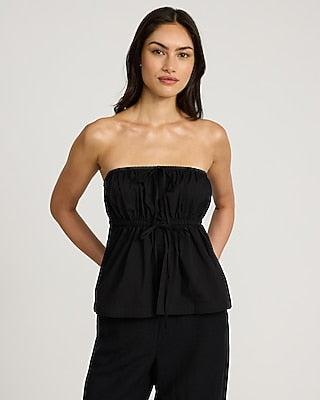 Express Women's Stretch Cotton Poplin Tie Front Babydoll Tube Top in Black Small