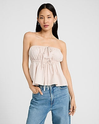 Express Women's Stretch Cotton Poplin Tie Front Babydoll Tube Top in Pink Small