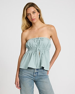 Express Women's Stretch Cotton Poplin Tie Front Babydoll Tube Top in New Sea Foam