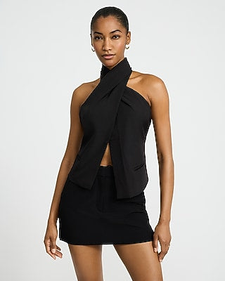 Express Women's Halter Overlap Tailored Top in Jet Black