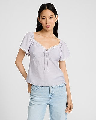 Express Women's Lace Trim Sweetheart Short Sleeve Tie Front Top in Purple Small